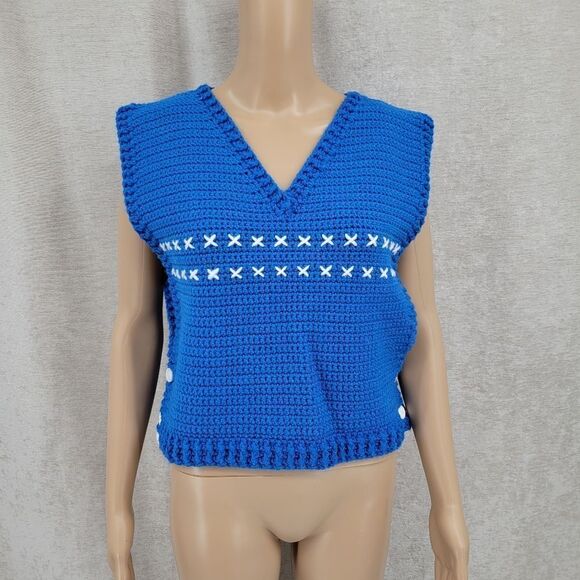 Vintage Hand Crochet Sweater Vest Side Button Details Blue with White X Pattern - Picture 1 of 5